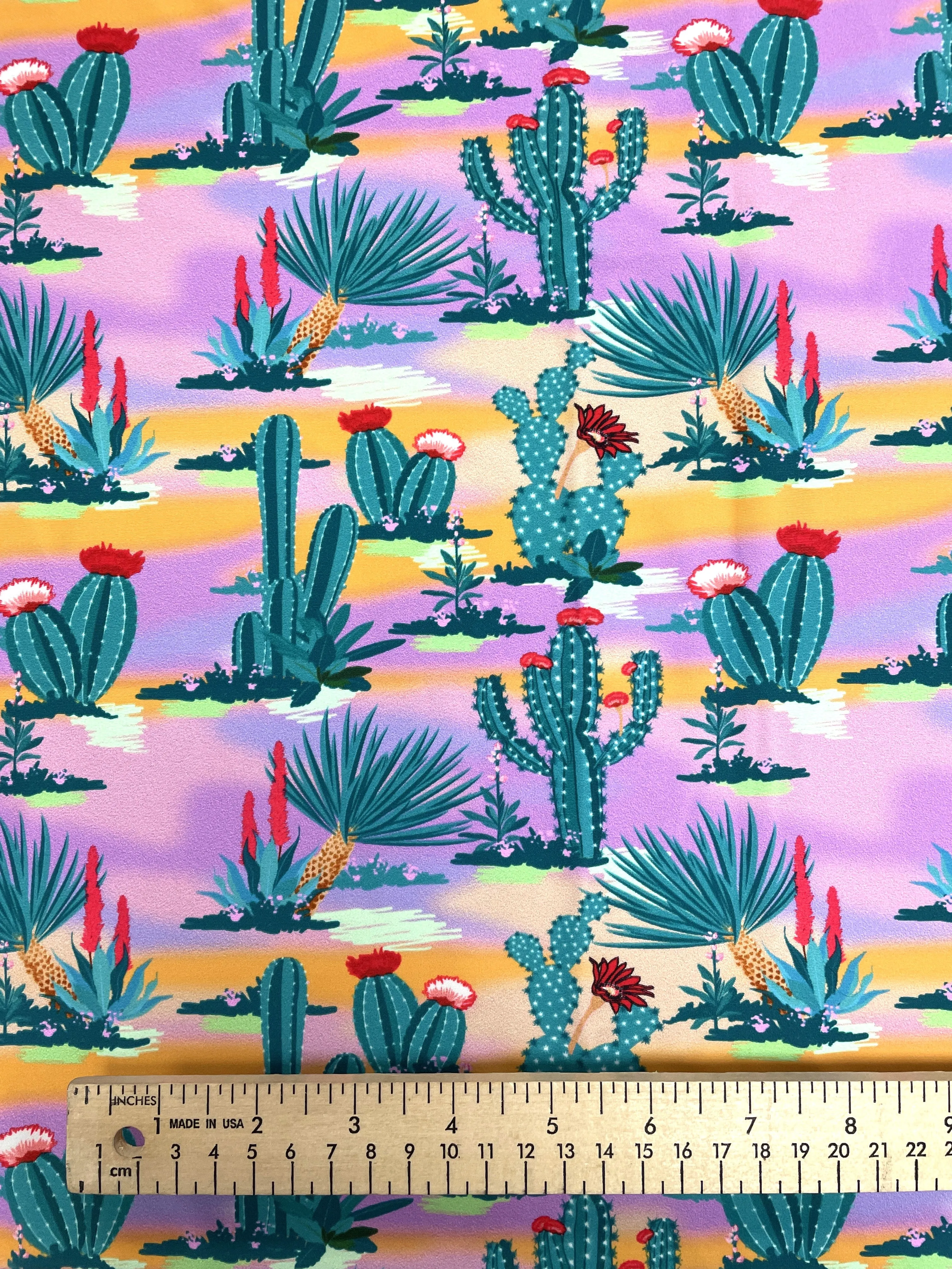 1 1/3 YD Lycra Knit - Teal Cactus on Pink, Purple and Orange Sunset