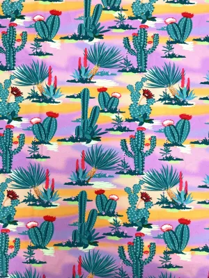 1 1/3 YD Lycra Knit - Teal Cactus on Pink, Purple and Orange Sunset