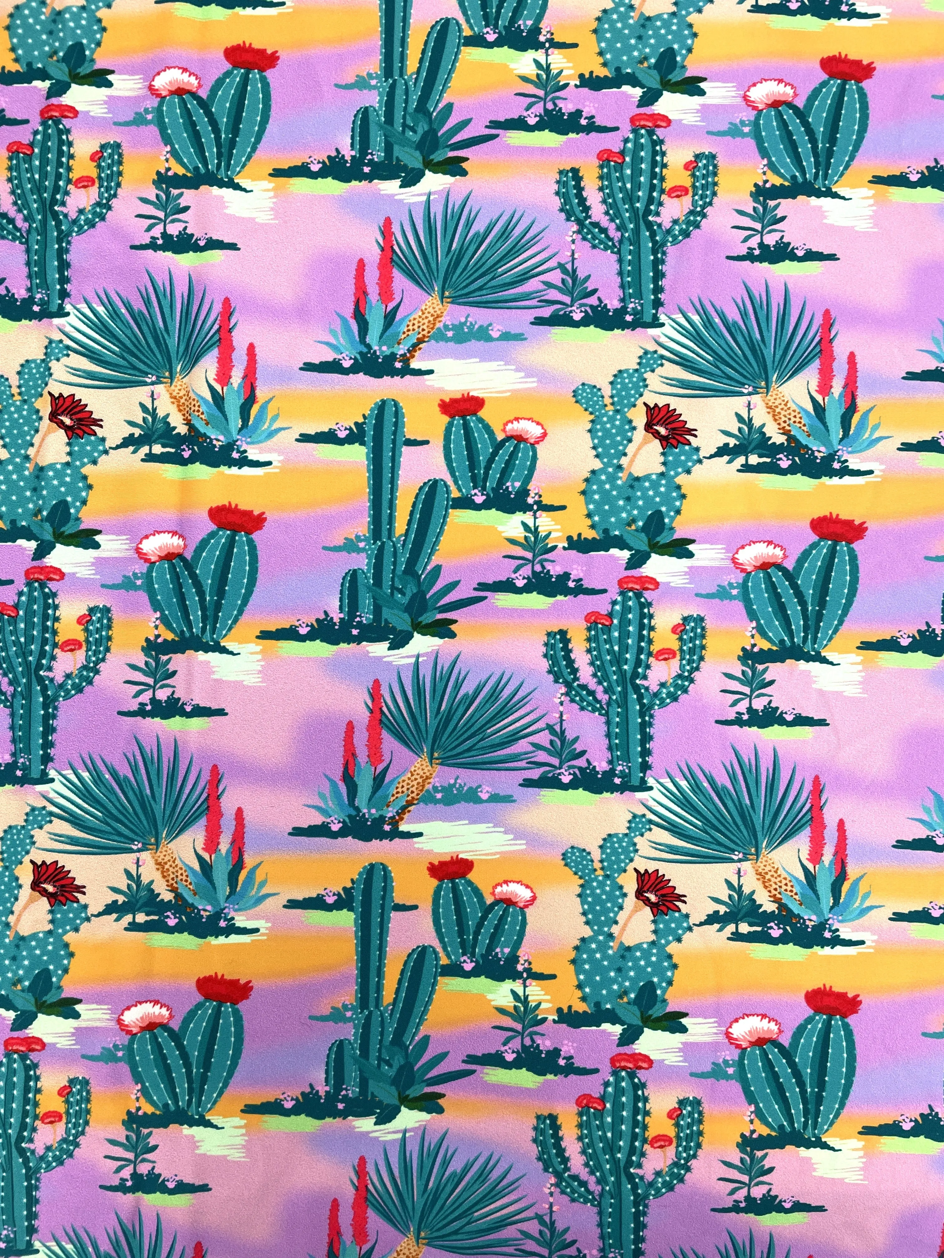 1 1/3 YD Lycra Knit - Teal Cactus on Pink, Purple and Orange Sunset
