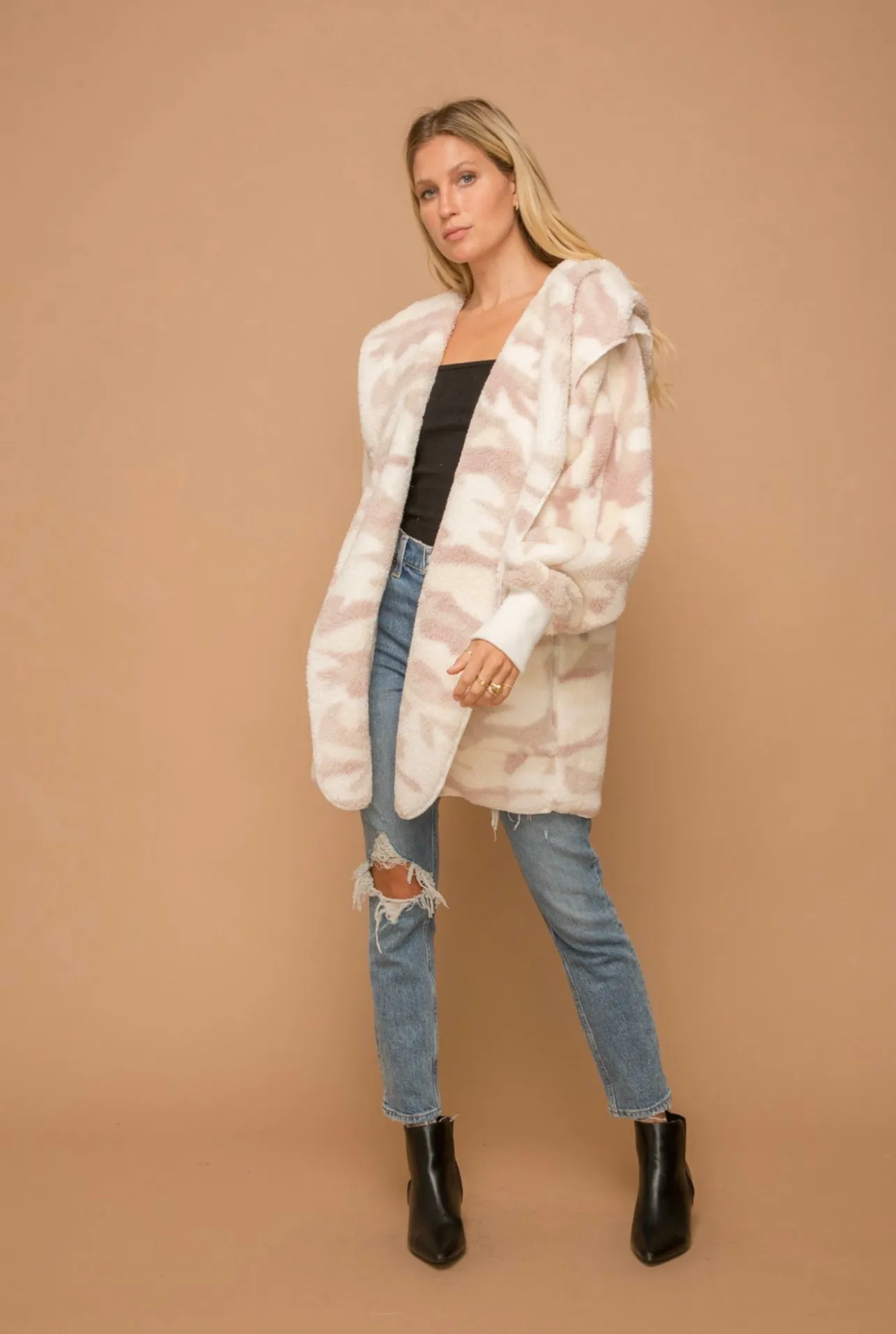 Blush Camo Print Sherpa Fleece Cozy Jacket with Pockets
