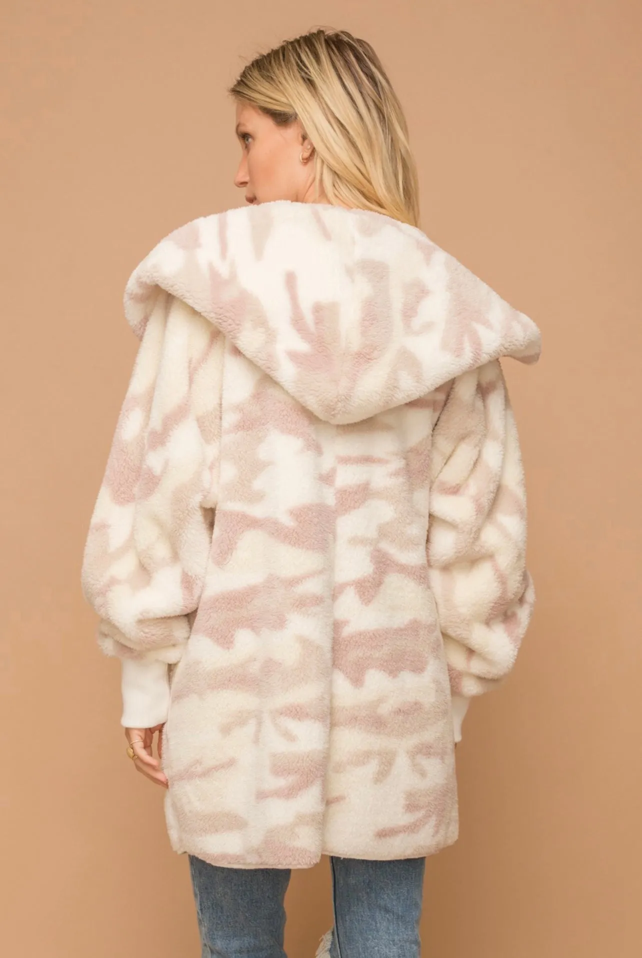 Blush Camo Print Sherpa Fleece Cozy Jacket with Pockets
