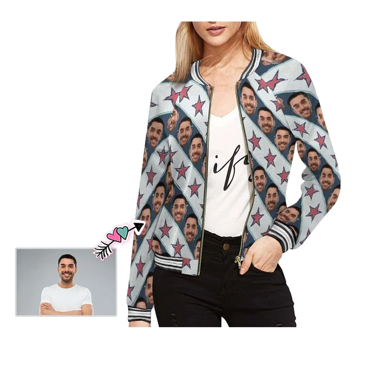 Custom Boyfriend Face Stripes Stars Women's Casual Jacket