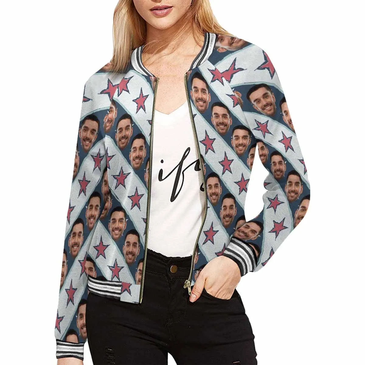Custom Boyfriend Face Stripes Stars Women's Casual Jacket