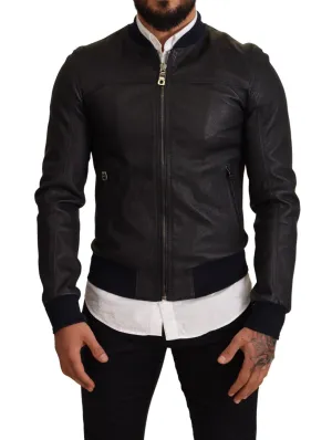 Dolce & Gabbana Blue Leather Full Zip Bomber Men Jacket