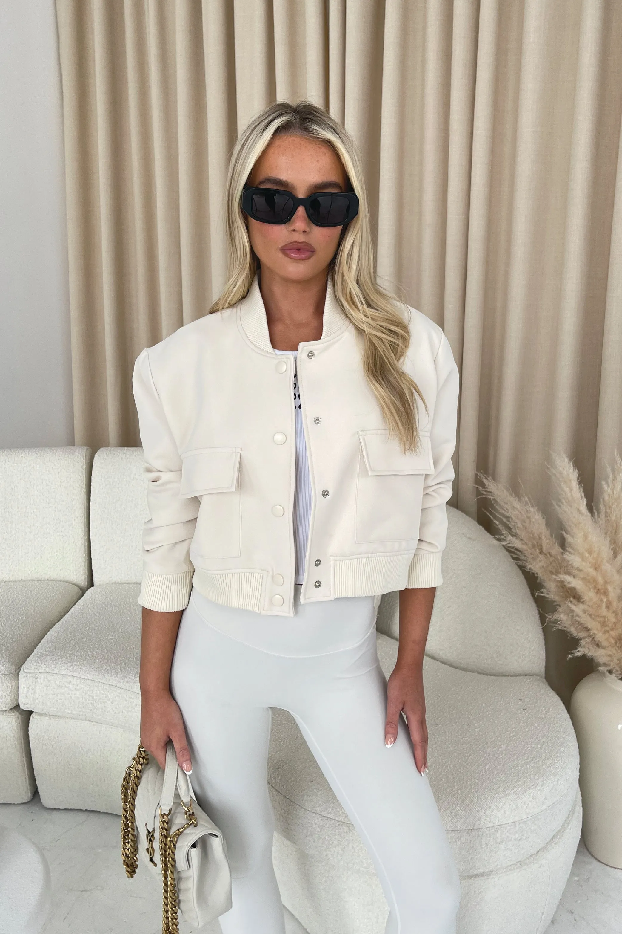 Fallon cream cropped long sleeve bomber jacket