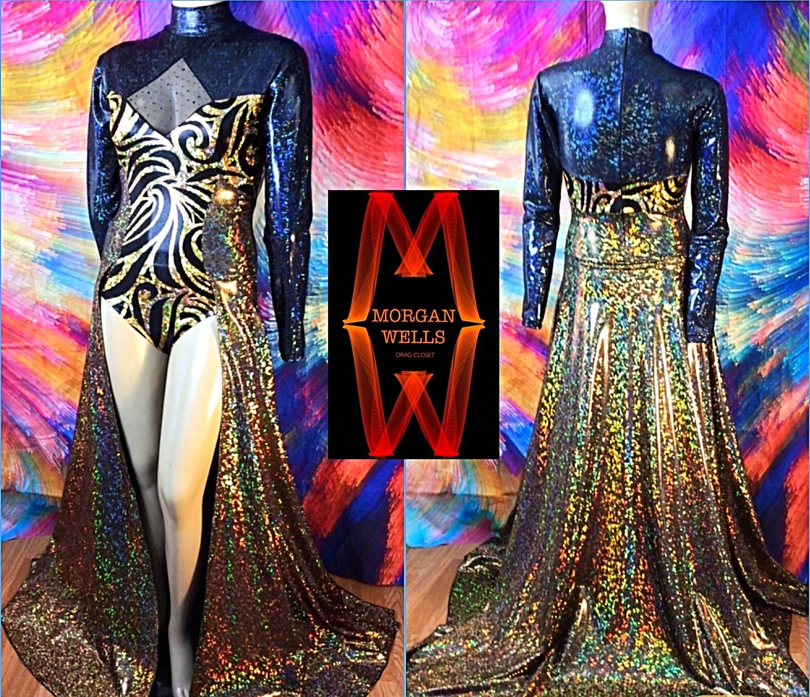 GOLD AND BLACK SWIRL FULL OVERSKIRT SPANDEX LEOTARD