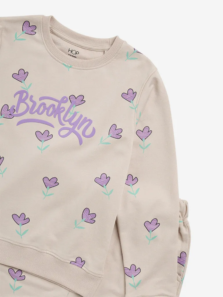 HOP Kids Beige Floral Printed Sweatshirt with Joggers Set 