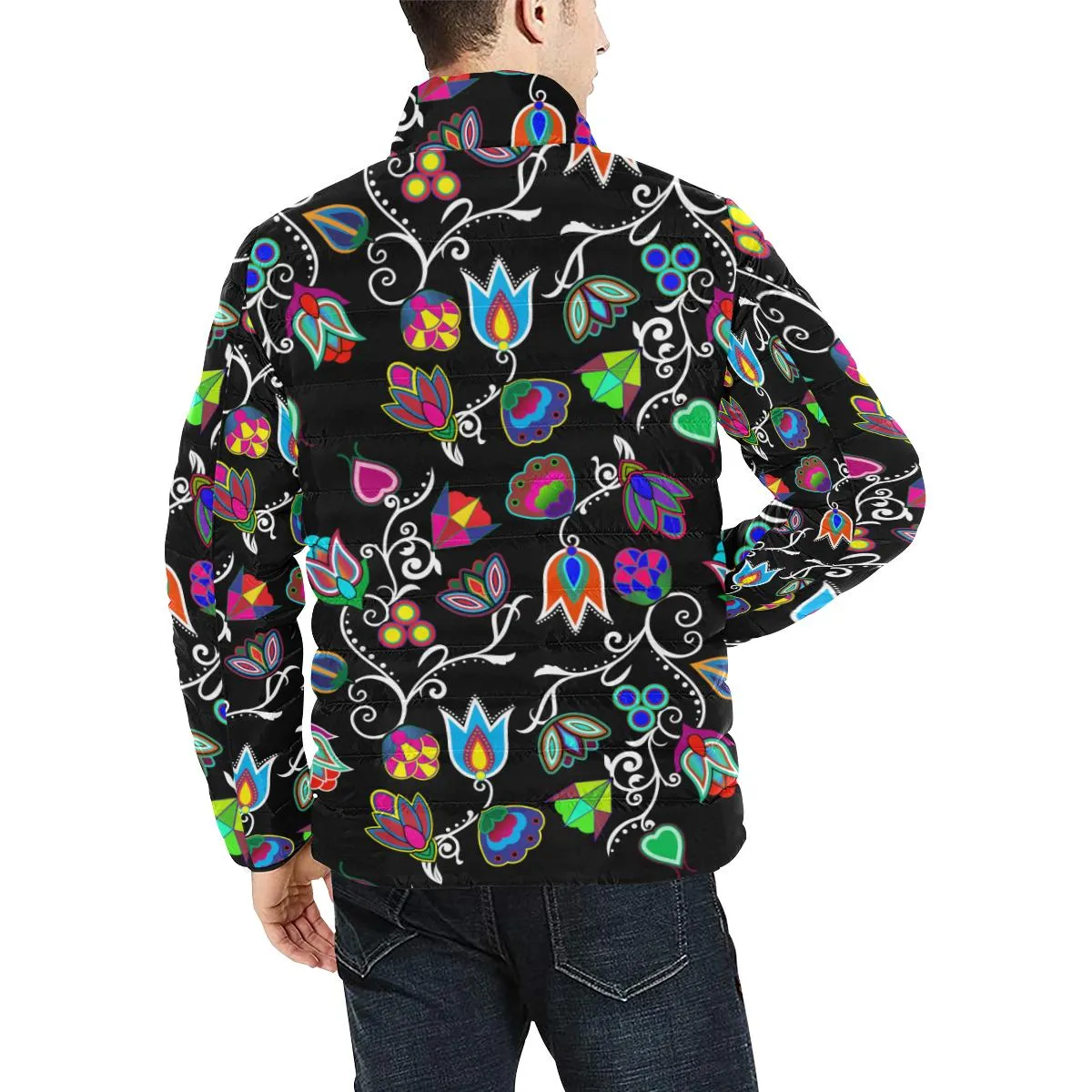 Indigenous Paisley Black Men's Stand Collar Padded Jacket