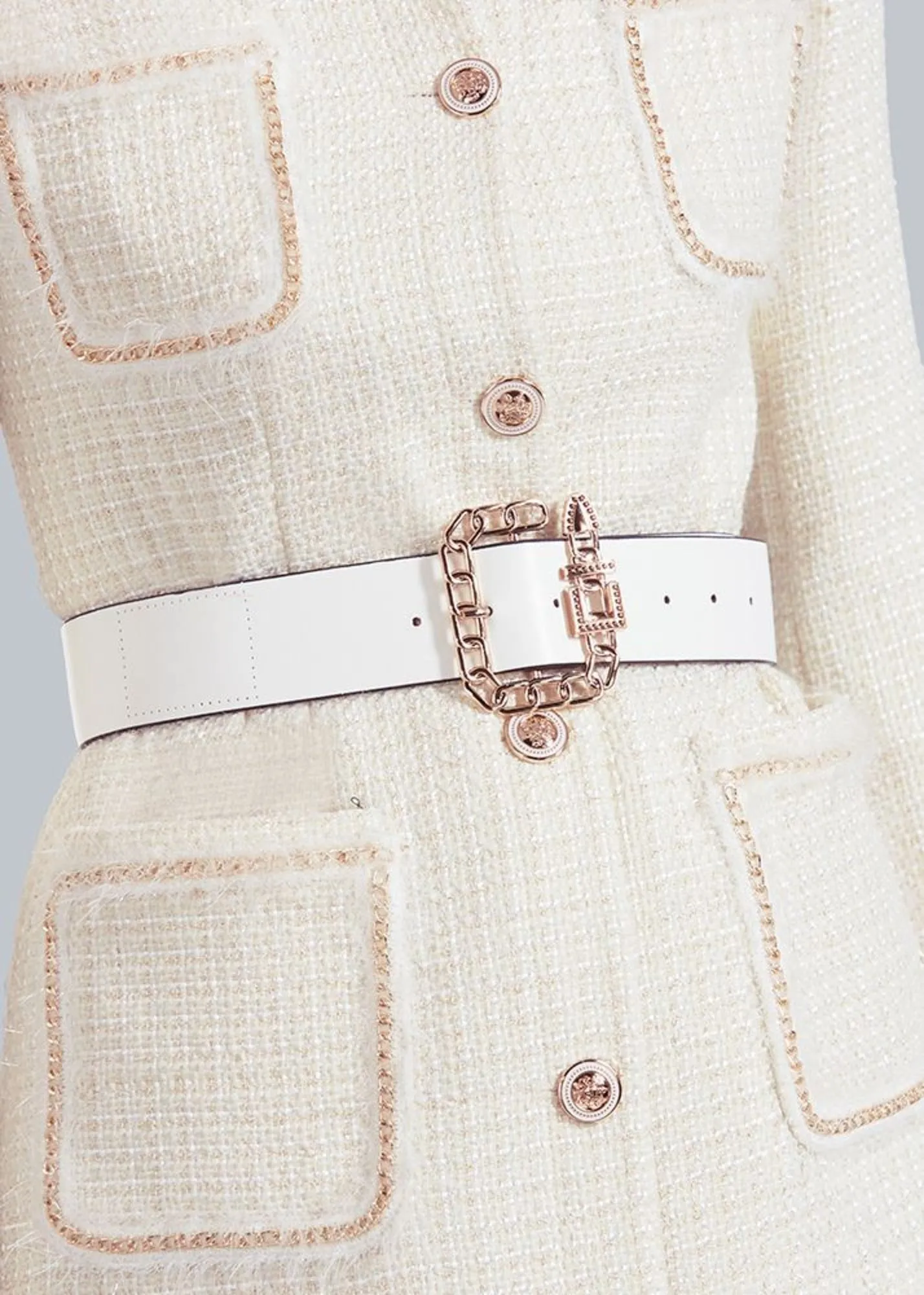Ivory Stand Collar Belted Tweed Coat