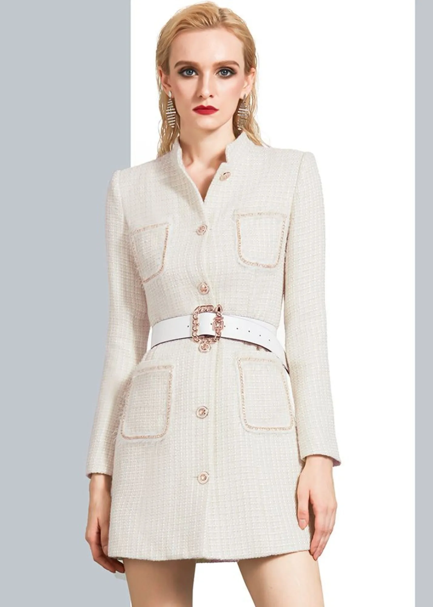 Ivory Stand Collar Belted Tweed Coat