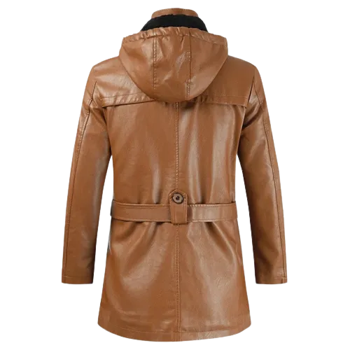 Mens Finley Front Button and Zippered Hooded Leather Coat