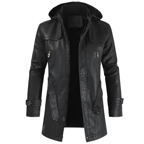 Mens Finley Front Button and Zippered Hooded Leather Coat