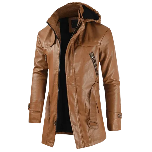 Mens Finley Front Button and Zippered Hooded Leather Coat