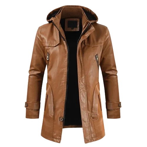 Mens Finley Front Button and Zippered Hooded Leather Coat