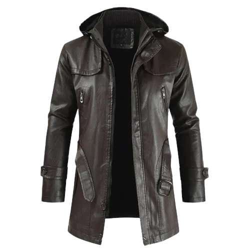 Mens Finley Front Button and Zippered Hooded Leather Coat