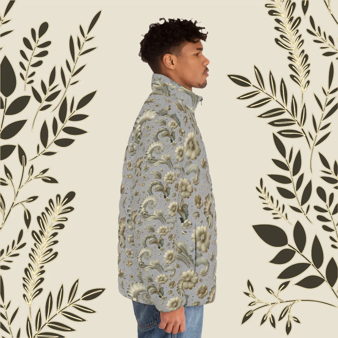 Mens SCBC "Still Handsome" Puffer Jacket (AOP). Puffer Jacket, Spring, Mens Clothes, Warm Jacket, Lightweight, Paisley Print, Graphic Design