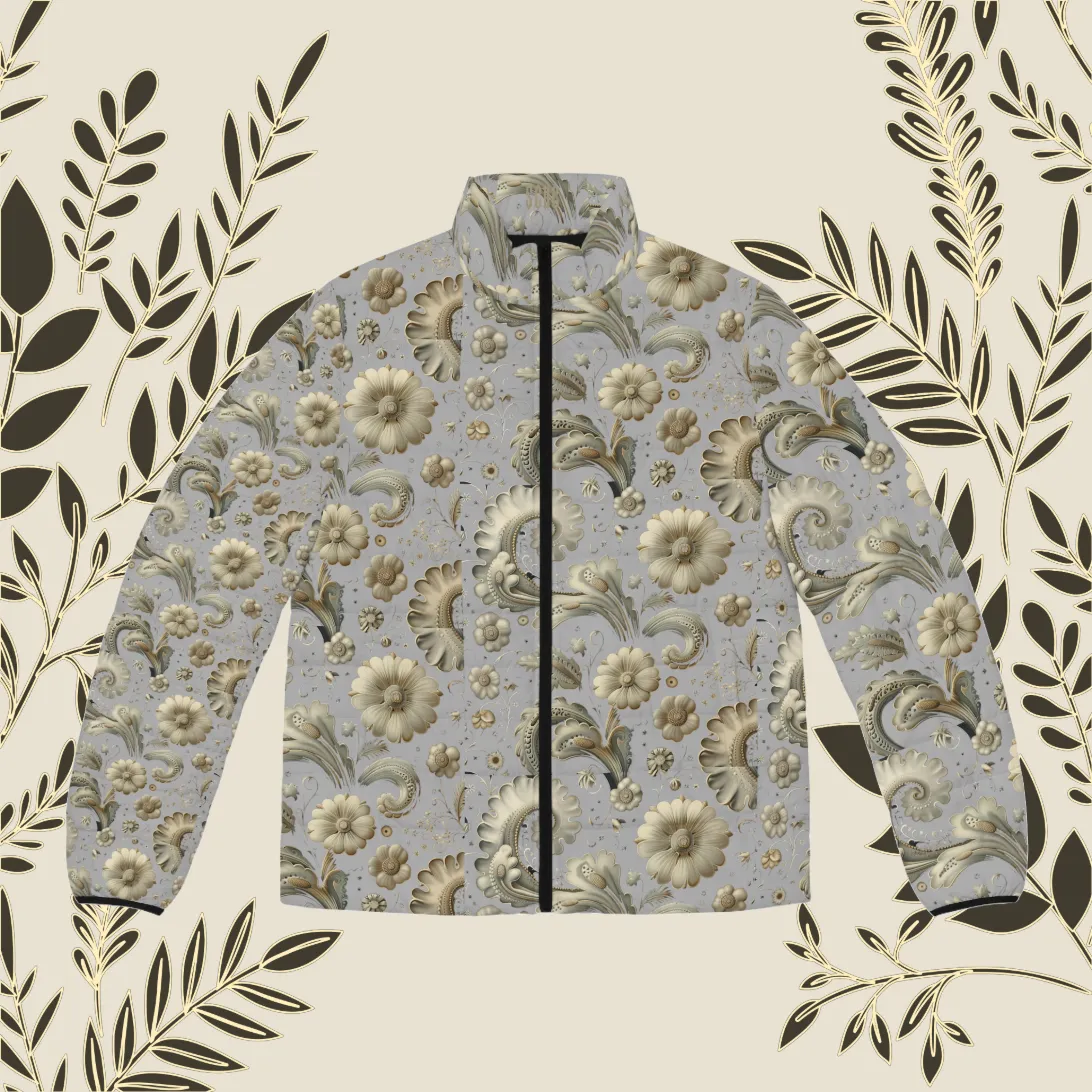 Mens SCBC "Still Handsome" Puffer Jacket (AOP). Puffer Jacket, Spring, Mens Clothes, Warm Jacket, Lightweight, Paisley Print, Graphic Design