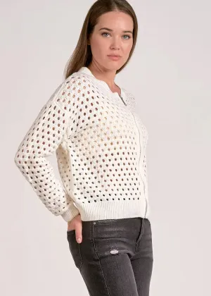 Perforated Zip Cardigan in White - Elan