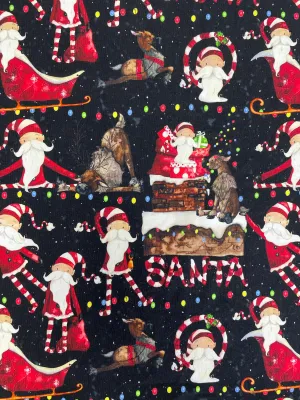 SALE 5/8 YD Cotton/Spandex Remnant - Black with Whimsical Santas & Reindeer
