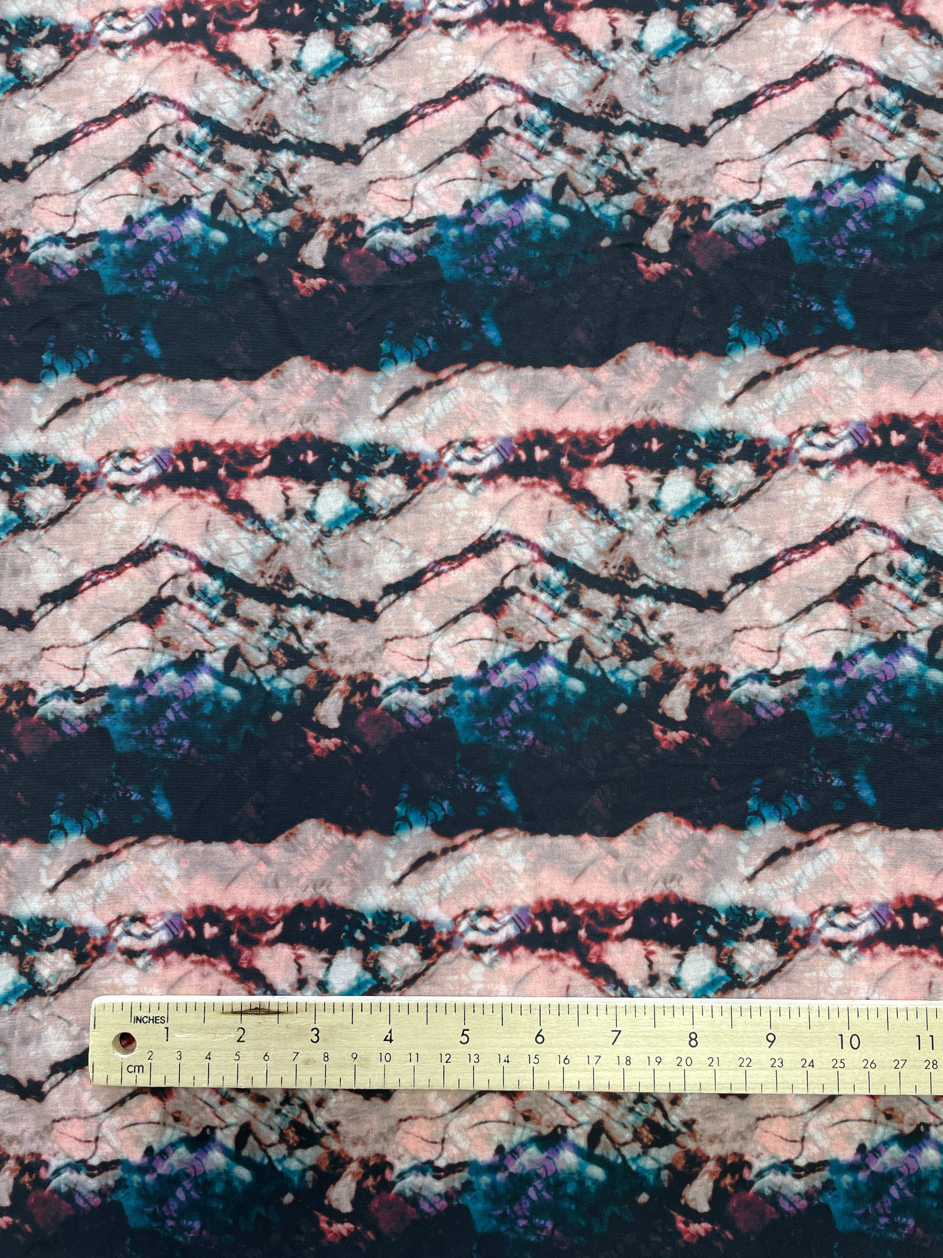 SALE Polyester Printed Spandex - Peach and Blue Tie-Dye Stripes