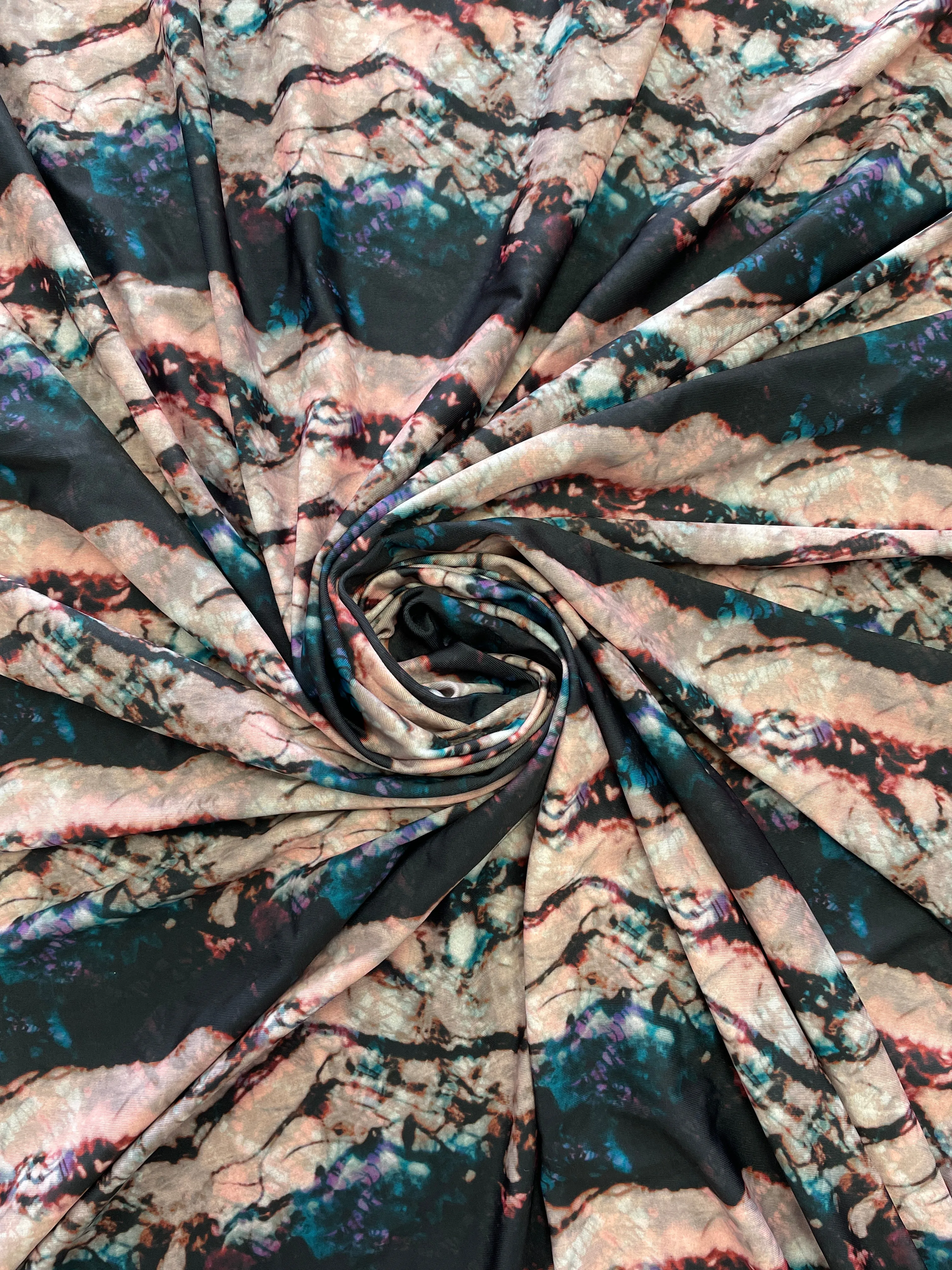 SALE Polyester Printed Spandex - Peach and Blue Tie-Dye Stripes
