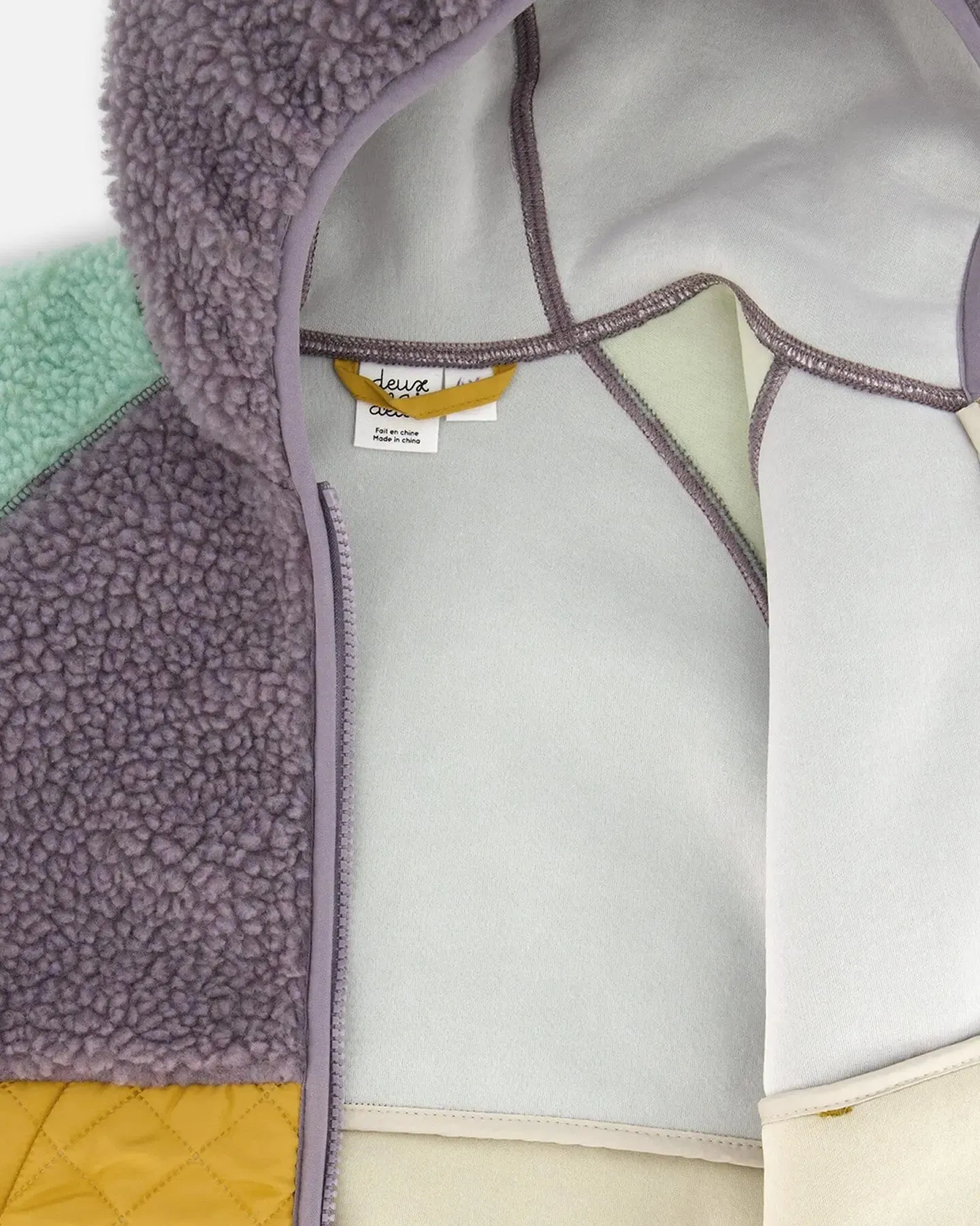 Sherpa Mid-Season Colorblock Jacket Lilac, Pale Turquoise, And Yellow