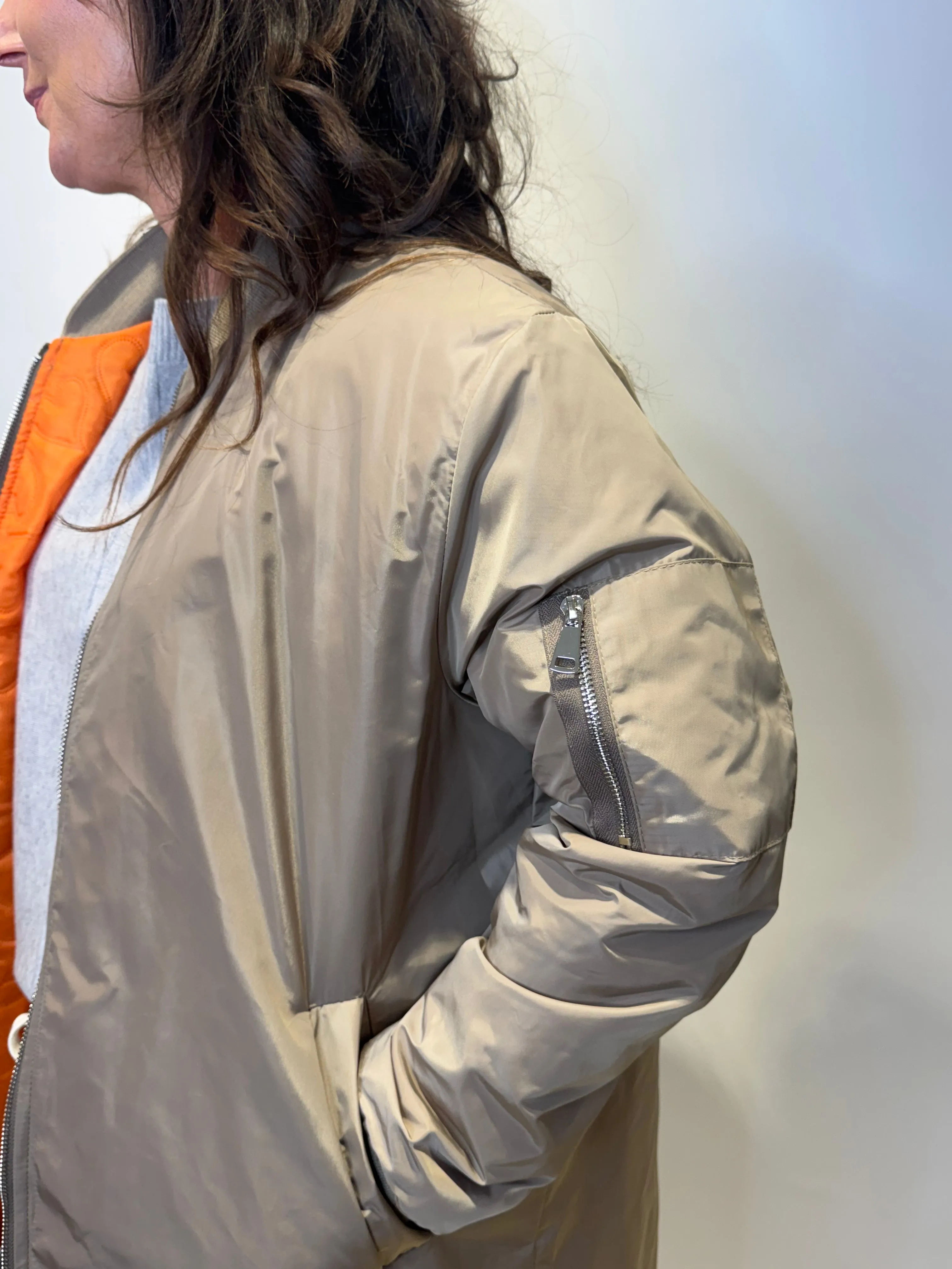 Taupe Bomber Jacket with Zip Pocket Detail