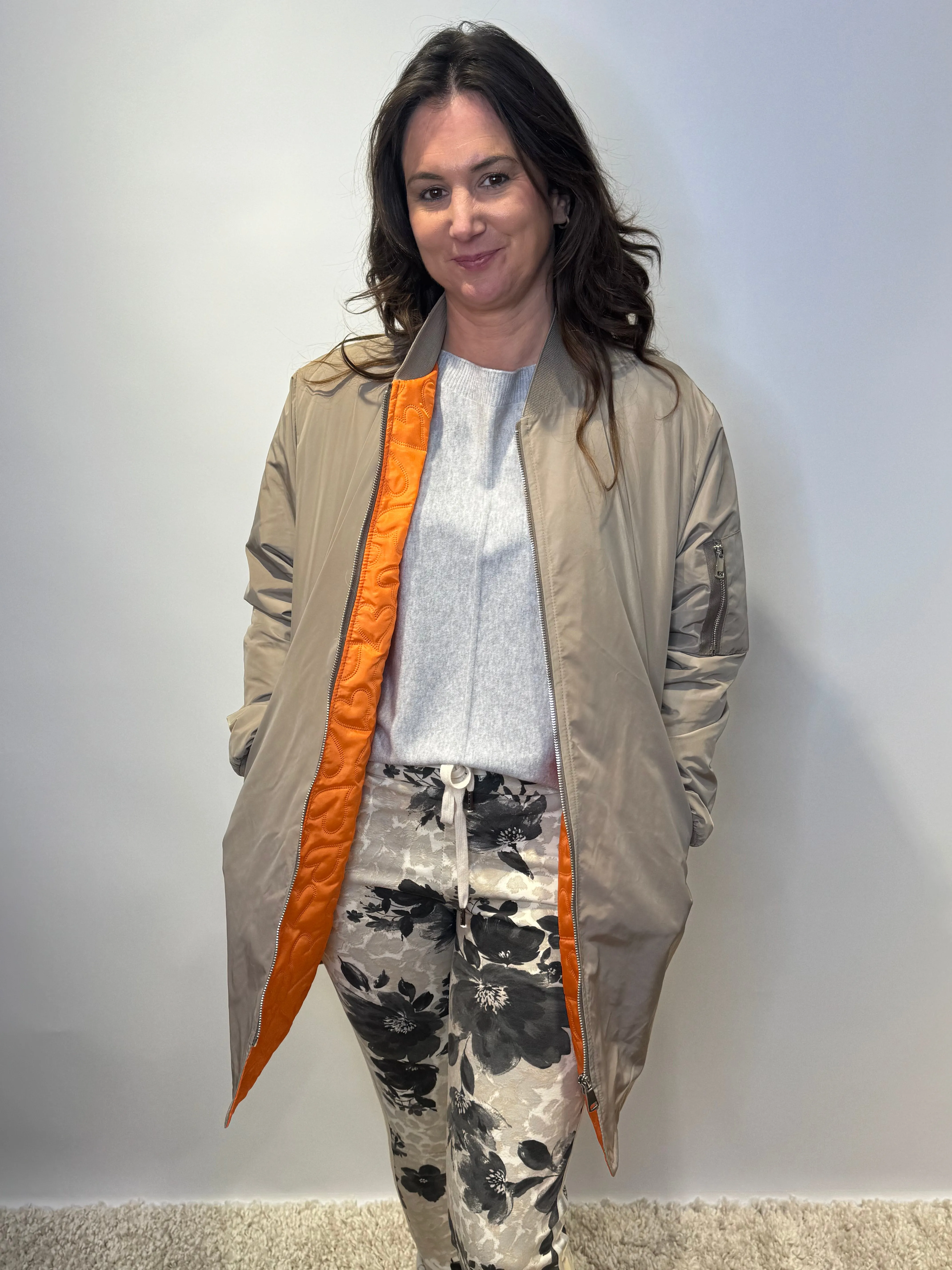 Taupe Bomber Jacket with Zip Pocket Detail