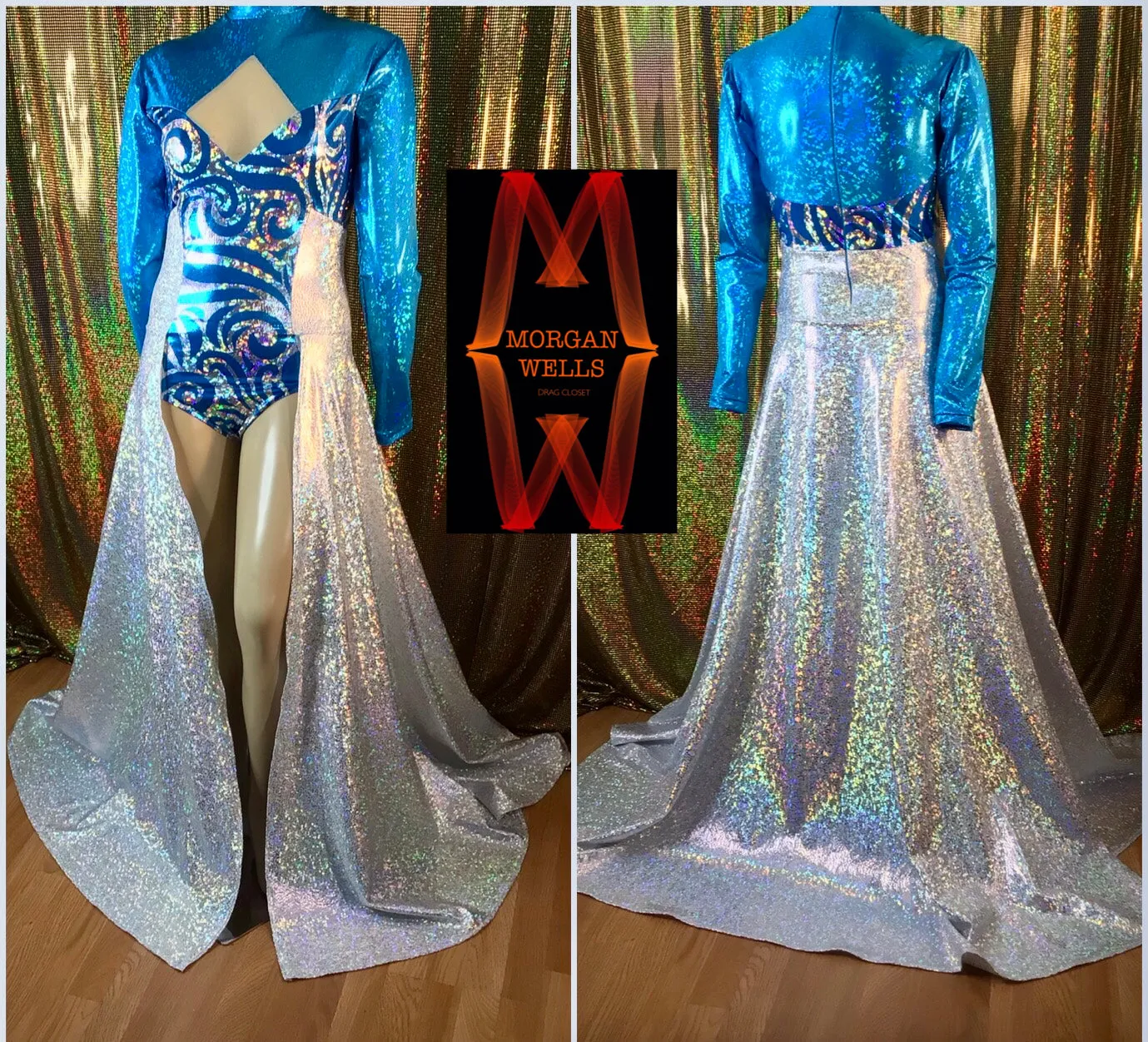 TURQUOISE AND SILVER SWIRL FULL OVERSKIRT SPANDEX LEOTARD