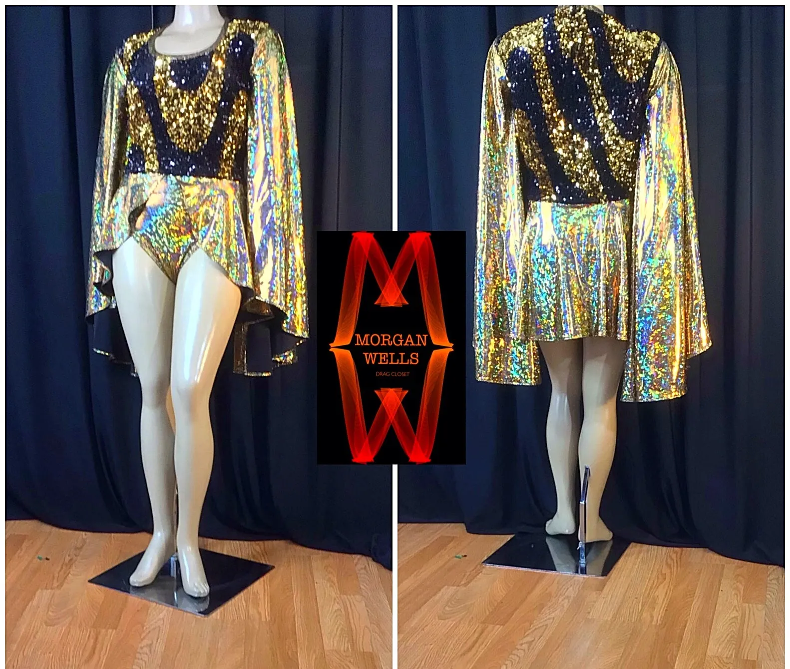 WAVEY SEQUIN AND HOLOGRAM SPANDEX LEOTARD IN GOLD