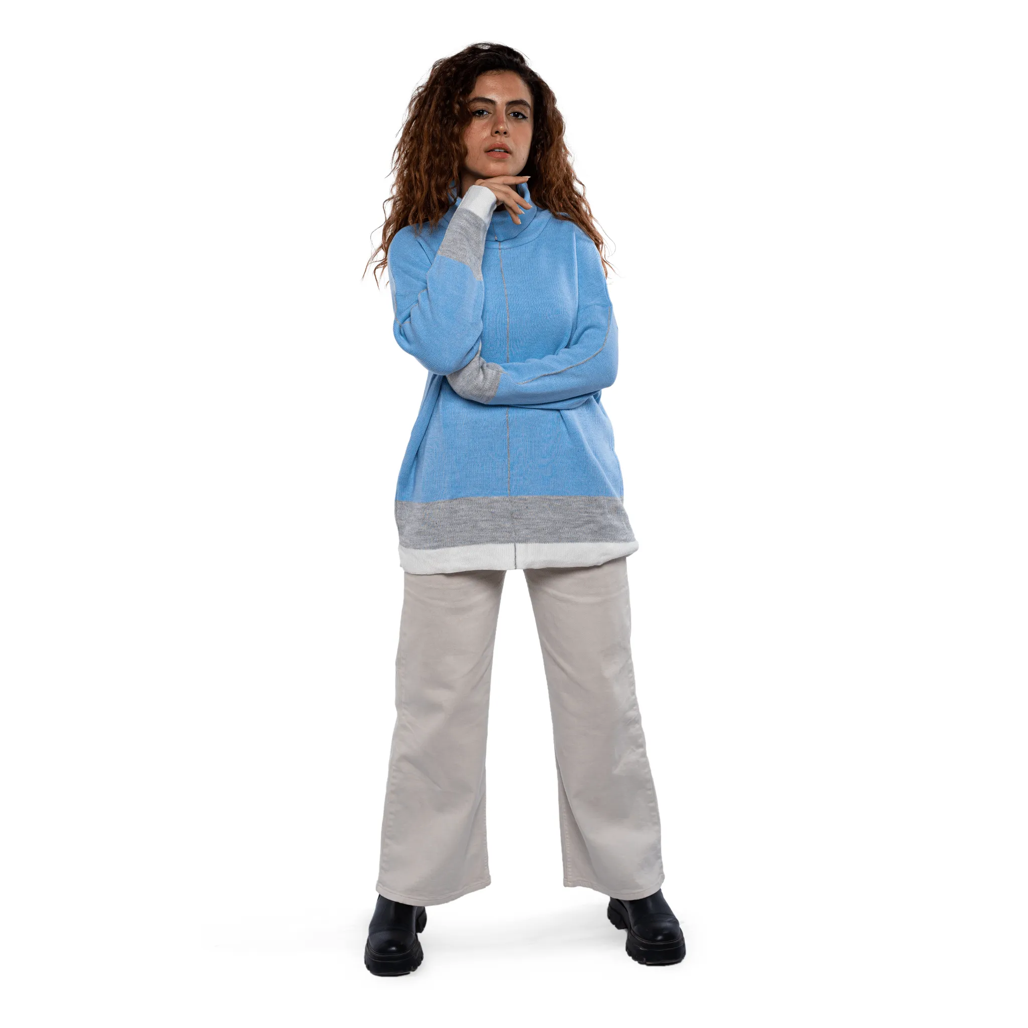 Women - High Collar Pullover - Baby Blue