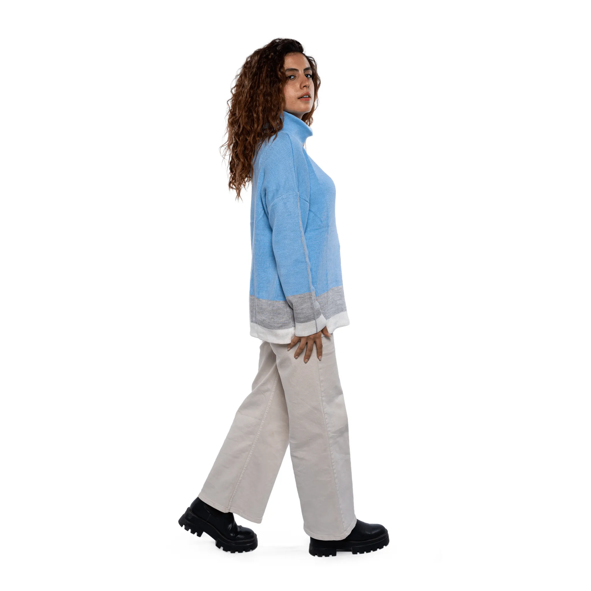 Women - High Collar Pullover - Baby Blue