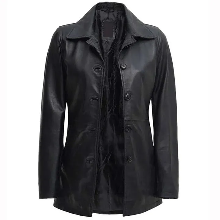 Women's Mid Length Black Leather Coat