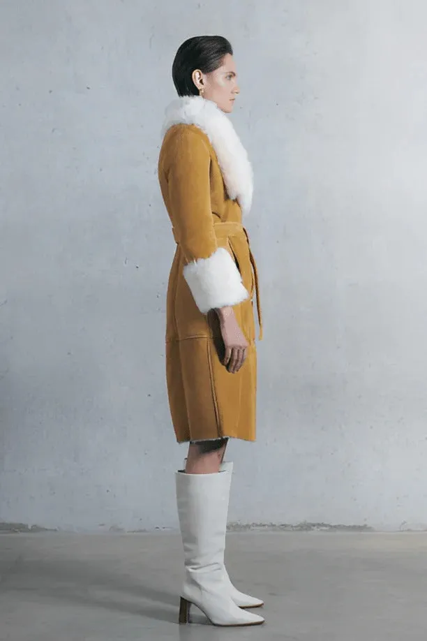 Women's Tan Brown Suede Leather Shearling Coat