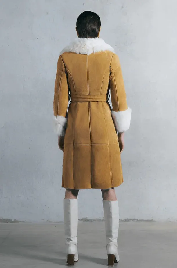 Women's Tan Brown Suede Leather Shearling Coat
